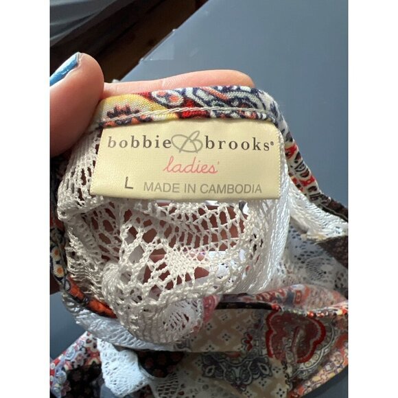Patchwork Print Boho Top With Lace Ruffle Sleeves Bobbie Brooks Large Lagom - Picture 7 of 11
